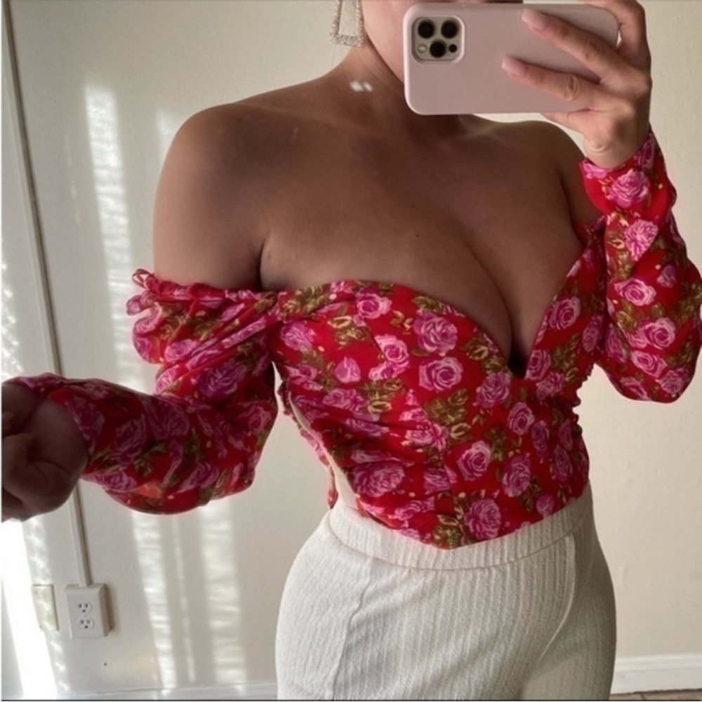 Zara Floral Red and Pink Long Puff Sleeve Crop Top Blouse NWT Women's Large